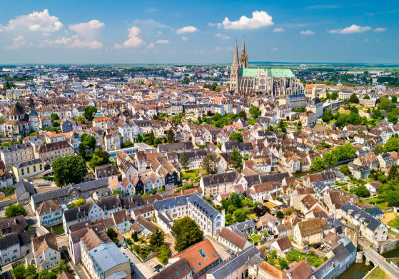 Aerial view of Chartres city with the Cathedral of Our Lady. A UNESCO world heritage site in Eure-et-Loir department of France
