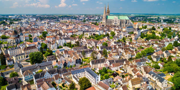 Aerial view of Chartres city with the Cathedral of Our Lady. A UNESCO world heritage site in Eure-et-Loir department of France